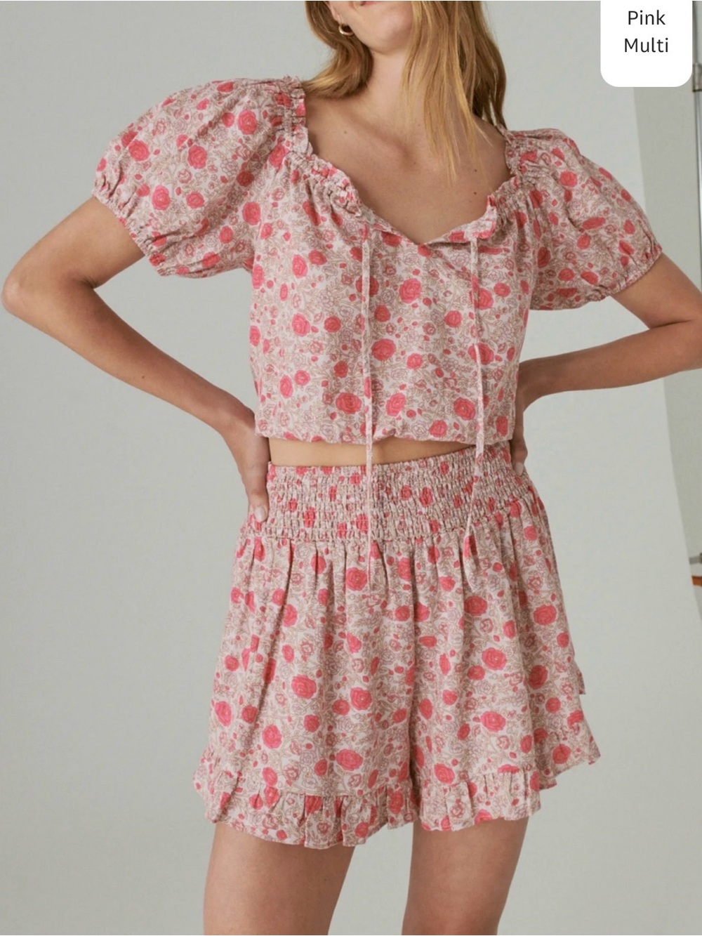 Lucky Brand Cropped Matchback FloralPuff Sleeve Ruffle Short Set